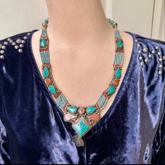Tibetan Alpaca Silver Turquoise & Coral Mosaic Beaded Necklace - Picture 1 of 4